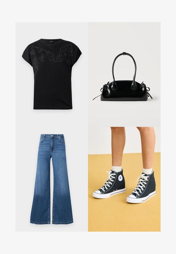 Sort kortærmet T-shirt med rund hals og abstrakt blomsterbroderi i syet sort og hvid tråd over brystet.; Bredde bukser i blå denim med høj talje, forlommer og en ren søm. Ingen synlige mønstre eller pyntegeler.; Høje sneakers i mørkeblåt kanvas med hvide gummisåler, snørebånd og detaljer. Har et rundt logo og hvide syninger.; Lille sort blank håndtaske med to lange håndtag og snøre-detaljer i siden på en ensfarvet lys baggrund.