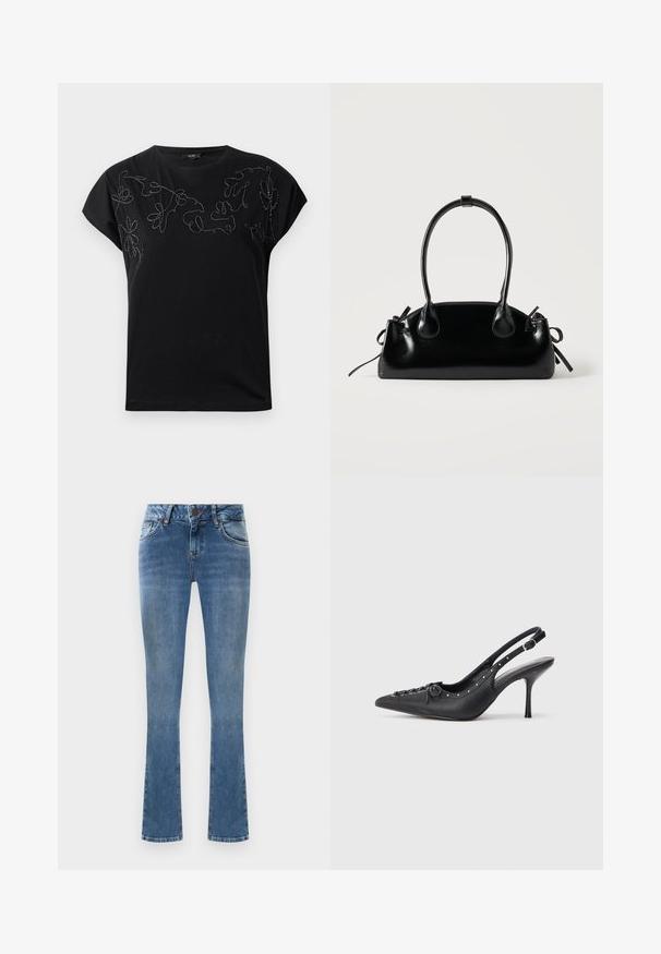 Sort kortærmet T-shirt med rund hals og abstrakt blomsterbroderi i syet sort og hvid tråd over brystet.; Lysblå denim flared jeans med fem lommer, lukning med knap og gule syninger. Stoffet har en glat tekstur.; Sorte læder slingback stiletto med spids tå, side spændebånd, nitter langs kanten og dekorativ snøring foran.; Lille sort blank håndtaske med to lange håndtag og snøre-detaljer i siden på en ensfarvet lys baggrund.
