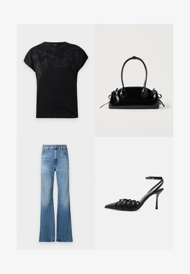 Musthave musta lühikeste varrukatega T-särk, ümmarguse kaelusega, millel on rinnal must-valge lõngaga broderi abstraktsed lillemotiivid.; Replay BECKA PANTS - Avar lõikega teksad - medium blue; Mustad terava ninaga kõrge kontsaga kingad laineliste servadega, metallist silmadega, ees nööriga ja pahkluu rihmaga, mis kinnitub pandlaga.; Väike must läikiv käekott kahe pika sangaga ja külgedel paelakinnitustega, ühel lihtsal helel taustal.