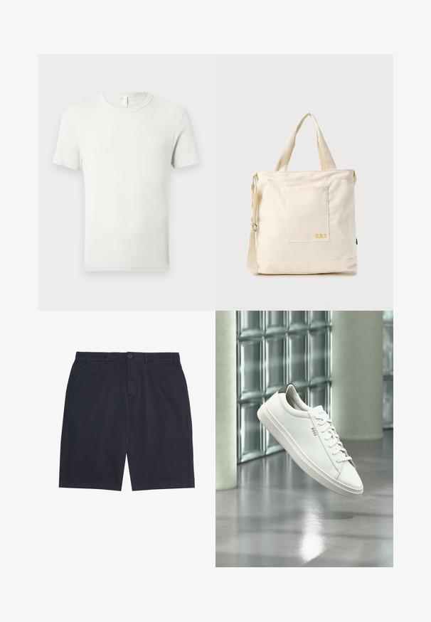 T-shirt blanc uni à manches courtes et col rond, étalé à plat sur un fond gris clair, avec une petite étiquette en tissu au niveau du col.; Shorts décontractés pour hommes de couleur bleu marine, avec fermeture à bouton, passants pour ceinture et poches latérales, posés à plat sur un fond blanc.; Baskets basses en cuir blanc avec lacets, languette de talon noire et logo « BOSS », flottant à l'intérieur près d'un mur en blocs de verre et d'un sol poli.; Sac fourre-tout en toile crème avec poche avant, deux poignées, bandoulière réglable et petit texte jaune "O.N.S" en bas à droite de la poche.