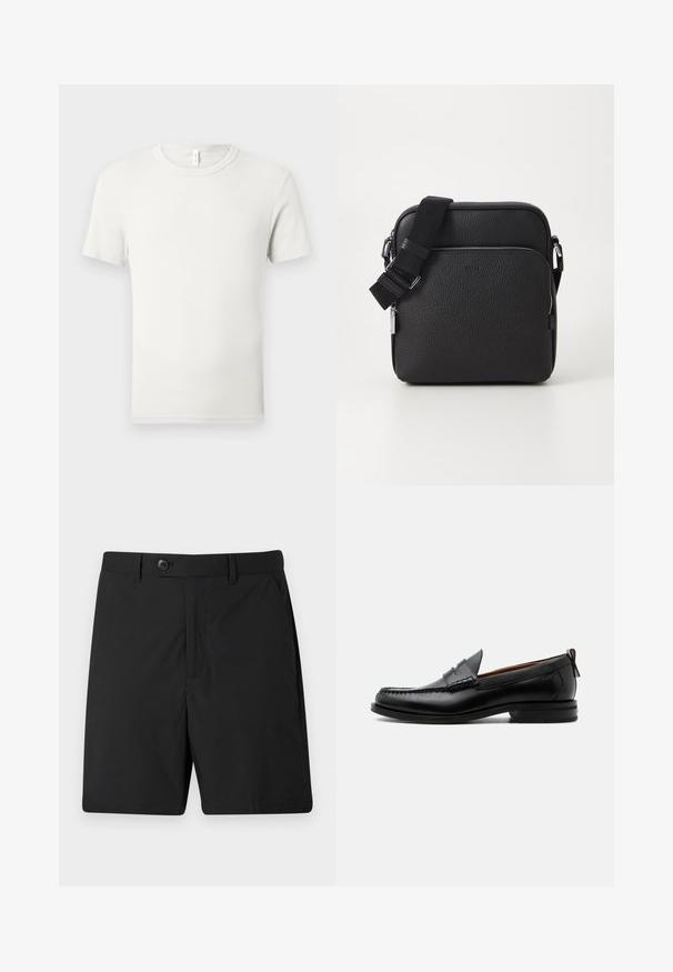 Camiseta blanca lisa de manga corta y cuello redondo, extendida sobre una superficie gris claro, con una pequeña etiqueta de tela en el cuello.; Pantalones cortos negros de tejido ligero, con cierre de botón, dos bolsillos laterales y corte recto. Textura suave y diseño sencillo.; Mocasín de hombre de piel negra con costura moc toe, tira penny, cuello texturizado y tacón bajo apilado sobre fondo blanco.; Bolso cruzado de cuero negro con una superficie texturizada, que presenta un bolsillo con cremallera en la parte frontal, correa ajustable y acentos de hardware metálico.