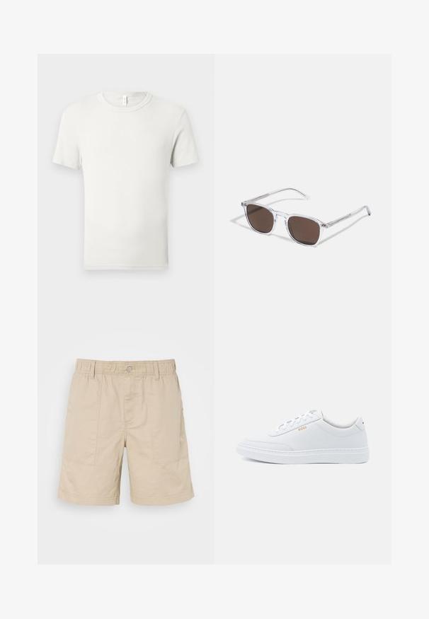 Einfaches weißes T-Shirt mit kurzen Ärmeln und Rundhalsausschnitt, flach auf einem hellgrauen Hintergrund ausgebreitet, mit einem kleinen Stoffetikett am Kragen.; Beige Baumwollshorts mit elastischem Bund, vorderem Knopf und zwei seitlichen Taschen. Sie verfügen über dezente Nähte und ein kleines Logo an der Seite.; Weiße Leder-Sneaker mit glatter Textur, runder Zehenpartie und tonal abgestepptem Design. Mit blauen Schnürsenkeln und einem goldenen Logo an der Seite.; Klarer Kunststoff-Sonnenbrillen mit rechteckigen braunen Gläsern, ausgestattet mit dünnen, transparenten Bügeln und Metallakzenten an den Schläfen.