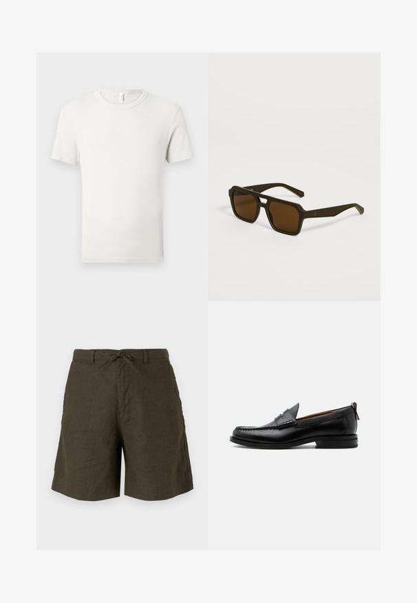 Effen witte korte mouw T-shirt met ronde hals plat gelegd op een lichtgrijze achtergrond met een klein stoffen label bij de kraag.; Khaki shorts van linnen, met een verstelbare tailleband, zijzakken en een comfortabele pasvorm met een gladde textuur.; Zwarte leren herensloffen met moc toe stiksel, pennyriem, gestructureerde kraag en lage gestapelde hak op witte achtergrond.; Donkerbruine vierkante zonnebril met dikke monturen en licht schuin aflopende pootjes, rustend op een lichtgrijs oppervlak.