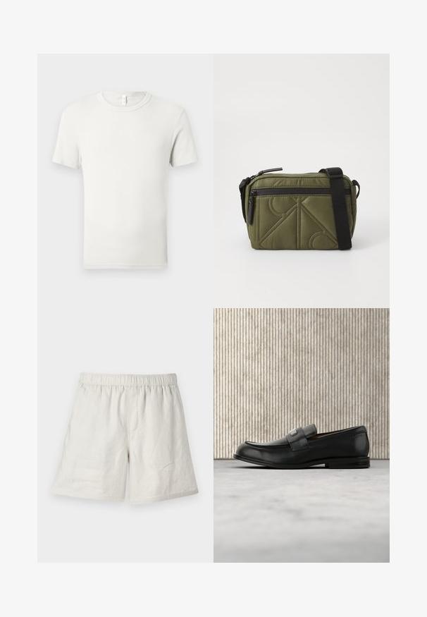 T-shirt blanc uni à manches courtes et col rond, étalé à plat sur un fond gris clair, avec une petite étiquette en tissu au niveau du col.; Shorts en lin beige clair avec une taille élastique, présentant une coupe décontractée et des coutures minimales pour un design simple et décontracté.; Mocassin en cuir noir avec une plaque de marque en métal reposant près d'une table ronde marron sur un sol recouvert de moquette beige.; Sac en tissu matelassé vert olive avec une sangle noire, doté d'une fermeture zippée sur le dessus et d'une poche zippée extérieure ornée d'accents de motifs géométriques.