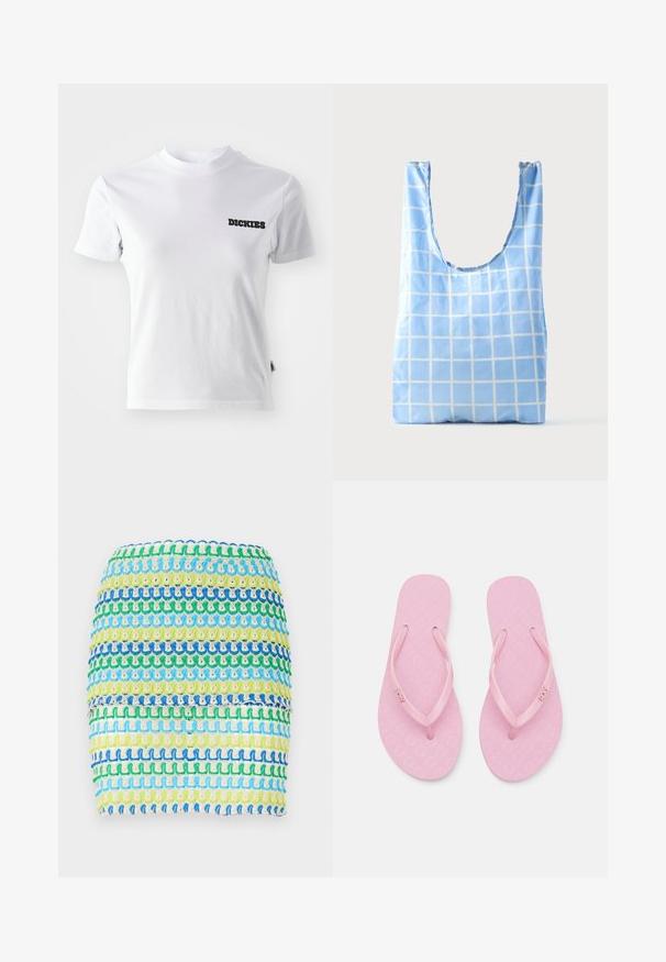 Camiseta blanca de manga corta hecha de algodón con cuello redondo y logo negro de "DICKIES" en la parte izquierda del pecho. Textura suave y diseño ajustado.; Minifalda de tejido con rayas horizontales en azul, verde y amarillo. El diseño tiene una apariencia texturizada y tejida con un efecto en capas.; Chanclas rosas con suelas texturizadas, tiras delgadas y marca Roxy. El diseño presenta un patrón repetitivo en la plantilla.; Bolsa de la compra reutilizable azul con patrón de rejilla blanca, de pie sobre un fondo claro y liso.