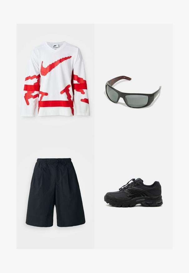 Hvid langærmet trøje med røde grafiske elementer, herunder et stort Nike-logo, med en mesh-textur og kontrasterende horisontale røde striber.; Sorte shorts med elastisk talje og justerbar snor. Lavet af et glat stof, med en løs pasform og uden synlige mønstre.; Sort atletisk sneaker med tekstureret stof, tyk polstret sål, luftventiler og snørelukning, vist fra siden på en lys baggrund.; Arnette HOT SHOT - Solbriller - dark grey