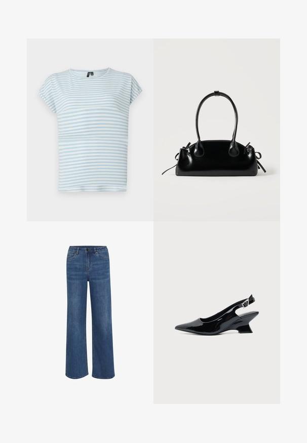 Helles blau gestreiftes T-Shirt aus weicher Baumwolle. Mit kurzen Ärmeln und rundem Ausschnitt. Horizontale Streifen in unterschiedlichen Breiten.; Weite Jeans aus mittlerem blauen Denim. Mit Knopf- und Reißverschluss, fünf Taschen und subtilen Verblassungen im Stoff.; Schwarzer Slingback-Schuh aus Lackleder mit spitzer Spitze und niedrigem, schrägem Blockabsatz auf einfachem hellem Hintergrund.; Kleine schwarze glänzende Handtasche mit zwei langen Griffen und seitlichen Kordelzug-Details vor einfachem hellem Hintergrund.