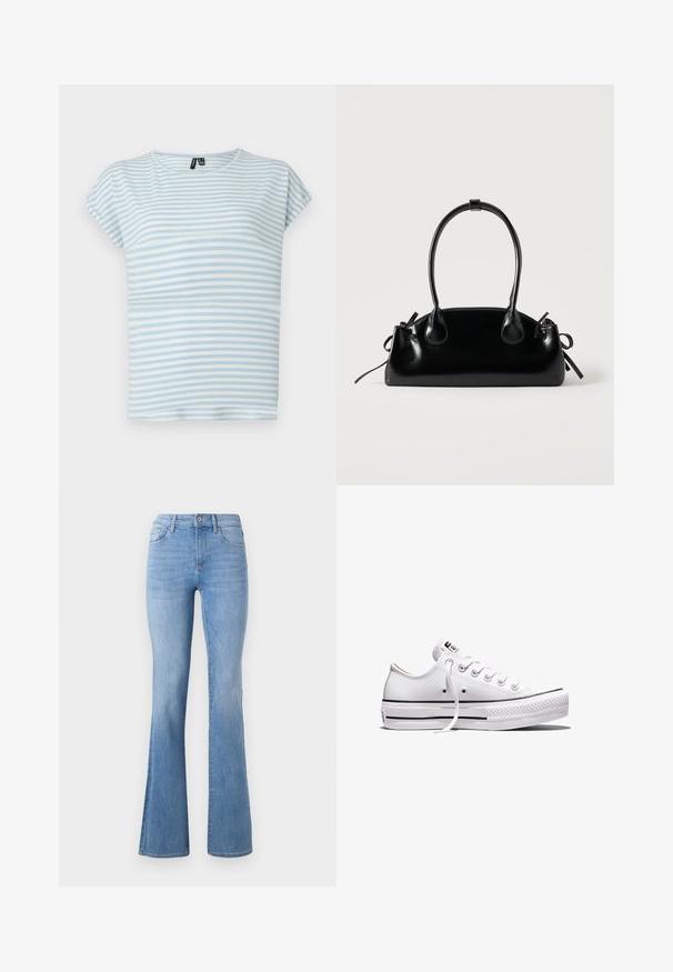 Lyseblå stribet t-shirt lavet af blødt bomuld. Har korte ærmer og en rund halsudskæring. Vandre striber i varierende bredder.; Lysblå flagrende jeans med mellemhøj talje, klassisk fem-lomme design og subtil fading langs benene. Denim stoftekstur.; Lavtop hvid lærredsneaker med hvide snørebånd, gummisål, sorte stribedetaljer og logo-patch på tungen og hælen.; Lille sort blank håndtaske med to lange håndtag og snøre-detaljer i siden på en ensfarvet lys baggrund.
