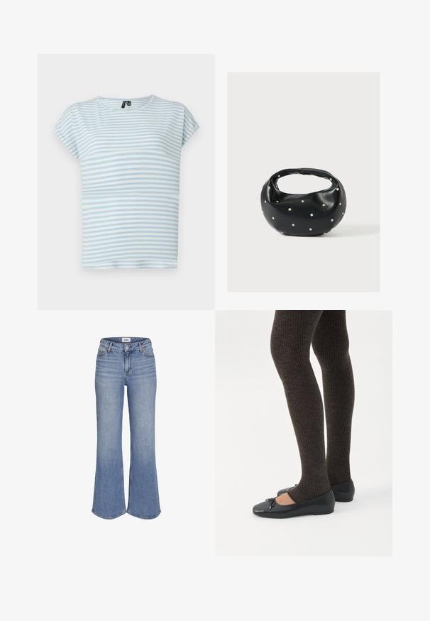 Camiseta a rayas azul claro hecha de algodón suave. Presenta mangas cortas y cuello redondo. Rayas horizontales de diferentes anchos.; Vaqueros de denim azul claro de cintura alta con piernas acampanadas y cierre de botones en la parte delantera.; Piernas con leggings oscuros acanalados combinados con bailarinas negras que presentan pequeños detalles de lazo sobre un fondo blanco.; Bolso de mano de cuero negro con forma redondeada, decorado con detalles de tachuelas plateadas y un asa corta. Textura lisa y cierre con cremallera.