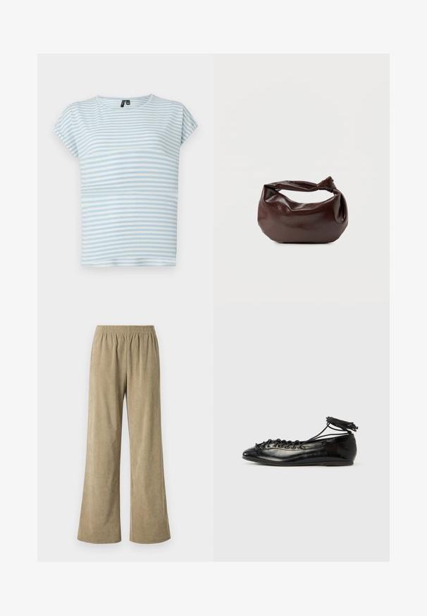 T-shirt rayé bleu clair en coton doux. Doté de manches courtes et d'un col rond. Rayures horizontales de largeurs variées.; Pantalons larges en velours côtelé beige avec une taille élastique, présentant une texture à côtes verticales et une coupe loose. Idéaux pour un look décontracté.; Ballerines en cuir verni noir avec un bout rond, un design à lacets et une semelle plate. Texture lisse avec peu de détails.; Sac bandoulière en cuir marron foncé avec une forme souple et décontractée et une anse nouée torsadée sur un fond blanc uni.