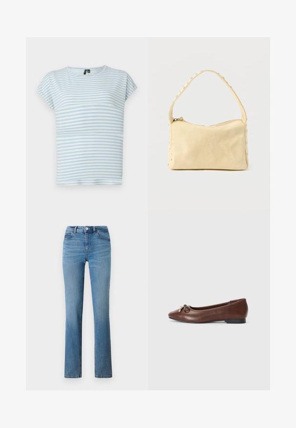 Lyseblå stribet t-shirt lavet af blødt bomuld. Har korte ærmer og en rund halsudskæring. Vandre striber i varierende bredder.; Lyseblå denimjeans med lige ben, forsynet med lynlås, knaplukning og syede lommer foran og bagpå.; Brune læderballetsko med rund tå, lille sort hæl og en dekorativ sløjfe med guldaccenter foran. Glat tekstur.; Lille beige læderhåndtaske med en enkelt rem og sølvnitter langs kanterne og remmen, sat mod en ensfarvet baggrund.