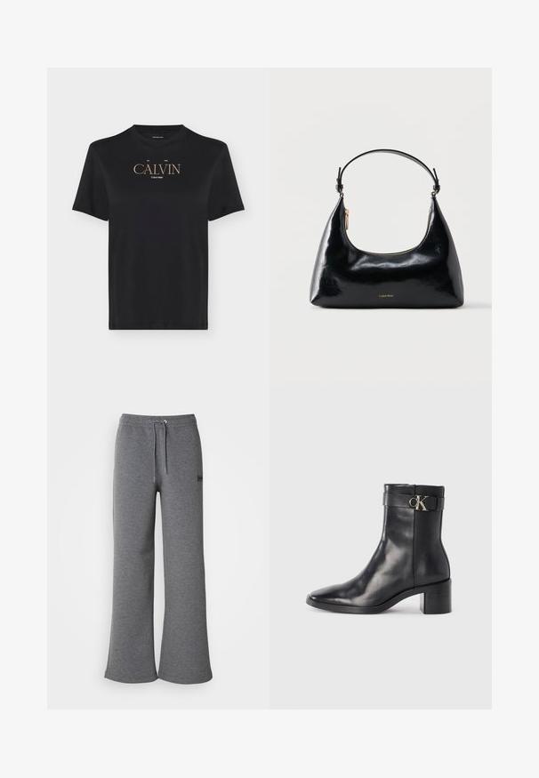 Camiseta negra de manga corta con cuello redondo con texto beige "CALVIN" y pequeño texto blanco "Calvin Klein" impreso en el pecho.; Pantalones de chándal grises hechos de una tela suave, con una cinturilla con cordón, piernas anchas y un discreto detalle de logo en el lateral.; Bota de tobillo de cuero negra con punta afilada, tacón cuadrado y una correa con un detalle de logo metálico. Textura suave y diseño minimalista.; Bolso negro brillante de Calvin Klein con cremallera dorada y correa corta sobre un fondo blanco liso.