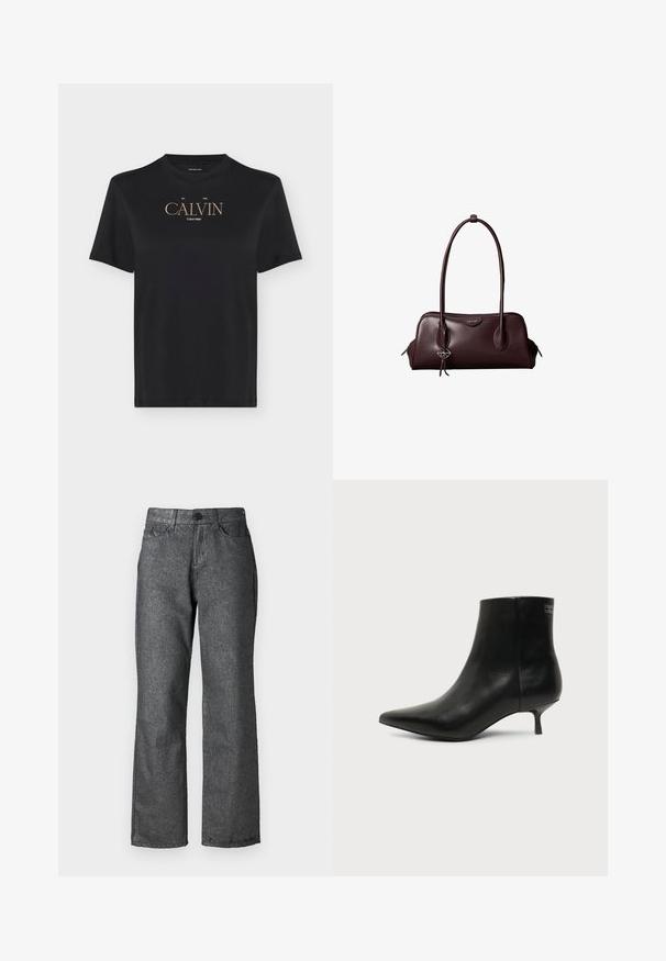 Čierne tričko s krátkymi rukávmi a okrúhlym výstrihom s béžovým nápisom "CALVIN" a malým bielym nápisom "Calvin Klein" na hrudi.; Sivé džíny z denimu s jemným leskom, priamy strih, päť vreciek, zapínanie na gombík a viditeľné švy.; Čierna kožená členková šnúrovacia obuv s ostrou špičkou a nízkym kitten podpätkom na svetlom pozadí, pohľad z vonkajšej strany.; Tmavohnedá kožená kabelka Calvin Klein s dlhými dvojitými rúčkami a malým logom zaveseným na jednej rúčke.
