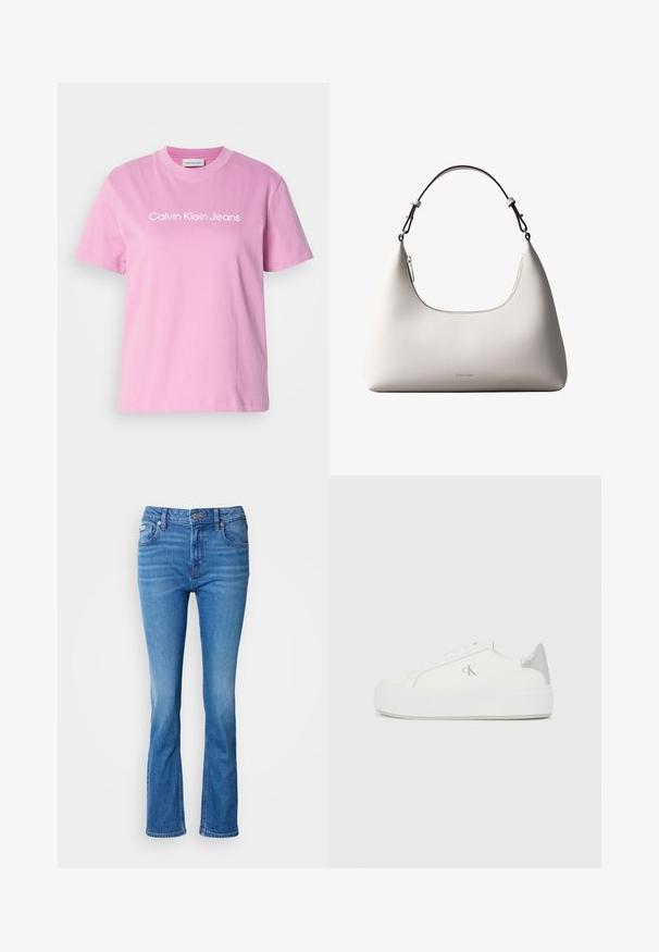 Ružové bavlnené tričko s krátkymi rukávmi a kulatým výstrihom, na hrudi s bielym potlačeným nápisom "Calvin Klein Jeans".; Modré denimové rozšírené džínsy s stredne vysokým pásom, s klasickým päť-pocket dizajnom a jemne vyblednutou textúrou na kolenách.; Biele plátené tenisky s hrubou bielou podrážkou, so strieborným kovovým akcentom na päte a jemným logom na boku.; Krémová kožená kabelka Calvin Klein cez rameno s oblým horným okrajom, strieborným zipsom a tmavo hnedým nastaviteľným remienkom.