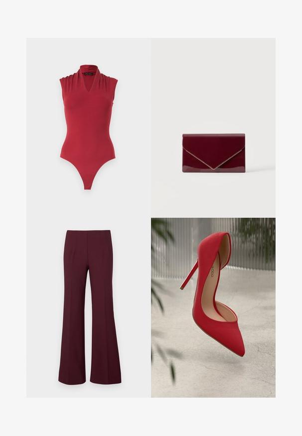 Rode mouwloze bodysuit met een V-hals en geplooide schouderdetails, ontworpen voor een aansluitende pasvorm.; Hoge taille, bordeauxkleurige flared broek met voorplooien en een getailleerde pasvorm, weergegeven op een witte achtergrond.; Rode hoge hak schoen met een spitse neus en een glanzende suede afwerking. Voorzien van een stiletto hak en een gouden accent aan de basis van de hak.; Glanzende donkerrode clutchtas in envelopstijl met gouden bies langs de flaprand op een effen lichte achtergrond.