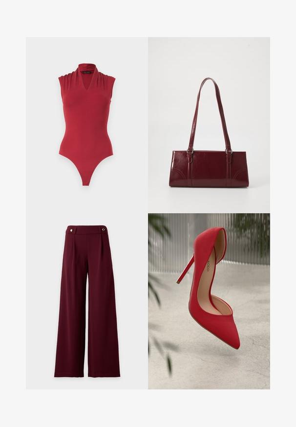 Ærmeløs rød bodystocking med V-hals og opsamlet skulderdetalje, designet til en tætsiddende silhuet.; Vide højtaljede bukser i mørkerødt stof med en tætsiddende linning med to gyldne knapper.; Rød højhælet sko med spids tå og glat ruskindsoverflade. Har en stiletto-hæl og en guldaccent ved hælens bund.; Bordeaux håndtaske lavet af glansfuldt materiale, rektangulær form, med to skulderremme og subtile buede detaljer på forsiden.