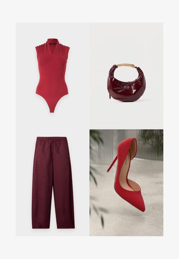 Body rouge sans manches avec un décolleté en V et des détails froncés aux épaules, conçu pour une silhouette ajustée.; Pantalon ample couleur bordeaux avec taille élastique et cordon de serrage, jambes droites, sans poches visibles ni motifs.; Chaussure à talons hauts rouge avec un bout pointu et une finition en daim lisse. Dotée d'un talon aiguille et d'un accent doré à la base du talon.; Sac à main en simili cuir bordeaux avec une forme arrondie, des détails froncés et une anse en métal doré. Texture lisse et finition brillante.