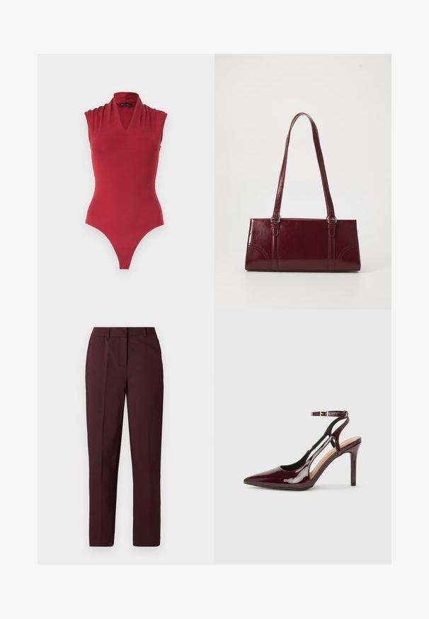 Ärmelloser roter Body mit V-Ausschnitt und gerafften Schultern, entworfen für eine figurbetonte Silhouette.; Bordeauxrote, gerade geschnittene Hose mit glatter Textur, mit flacher Vorderseite und ohne sichtbare Taschen. Maßgeschneidertes Design mit klassischer Passform.; Burgunderrote Lackleder-Pumps mit spitzer Zehenpartie, Knöchelriemen und Ausstanzungen an den Seiten. Elegante und glänzende Oberfläche.; Burgunderfarbene Handtasche aus glänzendem Material, rechteckige Form, mit zwei Schulterriemen und subtilen, geschwungenen Akzenten an der Vorderseite.