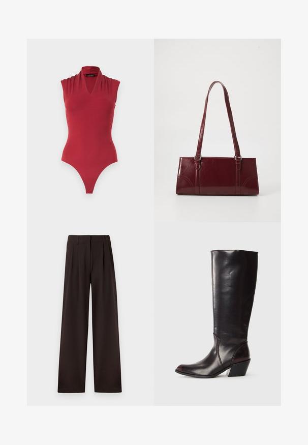 Rode mouwloze bodysuit met een V-hals en geplooide schouderdetails, ontworpen voor een aansluitende pasvorm.; Donkerbruine wijde pantalon met plooi en riemlussen, voorzien van een voorrits en een nette zoom tegen een effen achtergrond.; Knielange, donkerbruine leren laars met een spitse neus, hoekige blokhak en een gladde, glanzende textuur. Heeft een strak ontwerp en stikdetails.; Bourgondische handtas van glanzend materiaal, rechthoekige vorm, met twee schouderbanden en subtiele gebogen accenten aan de voorkant.
