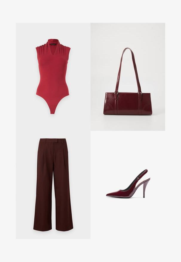 Body rojo sin mangas con escote en V y detalles fruncidos en los hombros, diseñado para una silueta ajustada.; Pantalones de pierna ancha y cintura alta en marrón oscuro con presillas para cinturón y pliegues frontales, presentados sobre un fondo blanco liso.; Zapatos de tacón slingback de charol burdeos con punta afilada, alto tacón de aguja y una textura suave y elegante. Detalle de correa ajustable.; Bolso burdeos hecho de material brillante, de forma rectangular, con dos asas para el hombro y sutiles acentos curvados en la parte frontal.