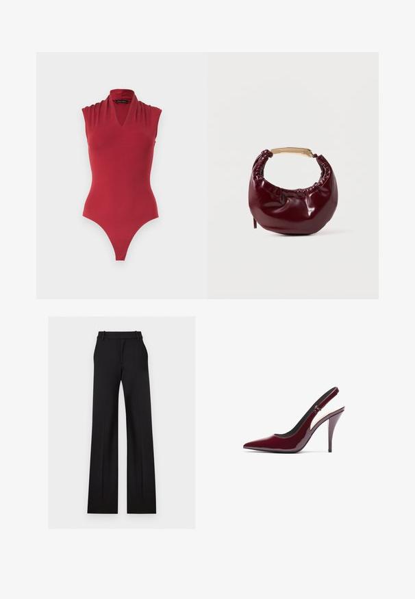 Body rojo sin mangas con escote en V y detalles fruncidos en los hombros, diseñado para una silueta ajustada.; Pantalones negros de talle alto, corte amplio, confeccionados a medida, con trabillas para cinturón y bolsillos delanteros sobre un fondo liso y claro.; Zapatos de tacón slingback de charol burdeos con punta afilada, alto tacón de aguja y una textura suave y elegante. Detalle de correa ajustable.; Bolso de mano de piel sintética burdeos con forma redondeada, detalles fruncidos y un asa de metal dorado. Textura suave y acabado brillante.