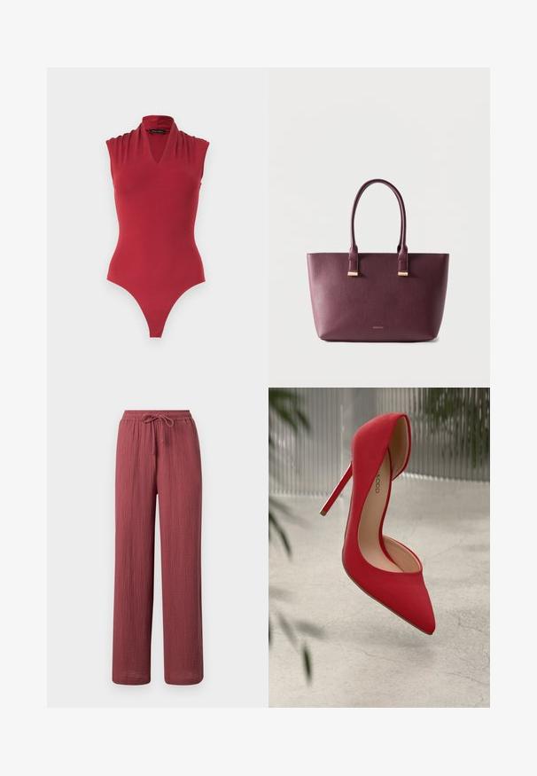 Ærmeløs rød bodystocking med V-hals og opsamlet skulderdetalje, designet til en tætsiddende silhuet.; Løse, lige bukser i struktureret støvet rosa stof med elastisk talje og justerbar snøre.; Rød højhælet sko med spids tå og glat ruskindsoverflade. Har en stiletto-hæl og en guldaccent ved hælens bund.; Mørkelilla lædertaske med to håndtag og lille guldbrandlogo foran, sat mod en simpel lys baggrund.