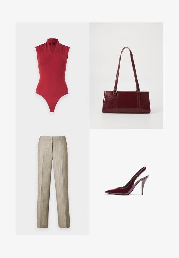 Body rojo sin mangas con escote en V y detalles fruncidos en los hombros, diseñado para una silueta ajustada.; Pantalones beige con rayas finas, diseño de pierna recta, cintura estructurada y textura sutil en toda la tela.; Zapatos de tacón slingback de charol burdeos con punta afilada, alto tacón de aguja y una textura suave y elegante. Detalle de correa ajustable.; Bolso burdeos hecho de material brillante, de forma rectangular, con dos asas para el hombro y sutiles acentos curvados en la parte frontal.