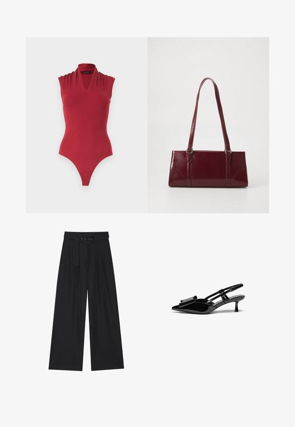 Body rouge sans manches avec un décolleté en V et des détails froncés aux épaules, conçu pour une silhouette ajustée.; Pantalons noirs à jambes larges en tissu lisse, avec une taille haute, une ceinture à boucle carrée et des plis avant pour une texture ajoutée.; Talons aiguilles en cuir verni noir avec un bout pointu, un détail en nœud à l'avant et un petit talon stiletto. Les brides sont équipées de boucles ajustables.; Sac à main bordeaux en matériau brillant, de forme rectangulaire, avec deux anses et des accents légèrement courbés à l'avant.