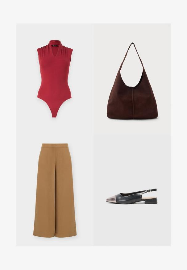 Body rouge sans manches avec un décolleté en V et des détails froncés aux épaules, conçu pour une silhouette ajustée.; Pantalon court taille haute, coupe large, couleur camel avec un devant plat et une ceinture lisse, présenté sur fond blanc.; Des chaussures slingback avec une tige en cuir noir, un bout pointu en métal rose doré et un petit talon carré. Texture lisse avec un design courbé.; Sac hobo en daim marron avec une grande ouverture courbée et une large bandoulière. Présente une couture centrée à l'avant. Texture lisse.