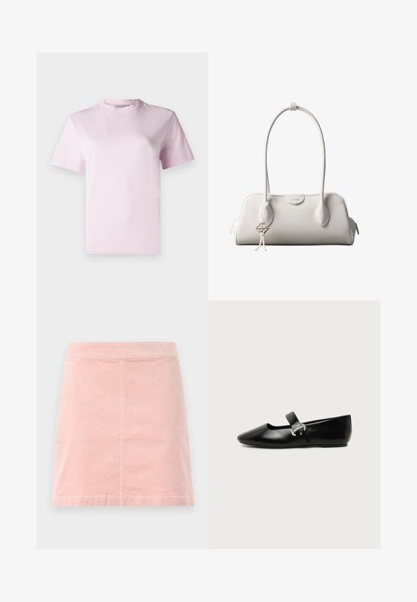 Lichtroze korte mouwen crewneck T-shirt met subtiele Calvin Klein-logo gecentreerd onder de halslijn op een effen achtergrond.; Roze corduroy mini rok met een aansluitende taille en verticale ribbeltextuur. De zoom is recht en het heeft een eenvoudig ontwerp zonder versieringen.; Zwarte leren Mary Jane platte schoen met een afgeronde neus en zilveren gespsluiting op een effen achtergrond.; Witte Calvin Klein schoudertas met lange hengsels, rechthoekige vorm, ritssluiting en decoratieve logohanger bij het hengsel.