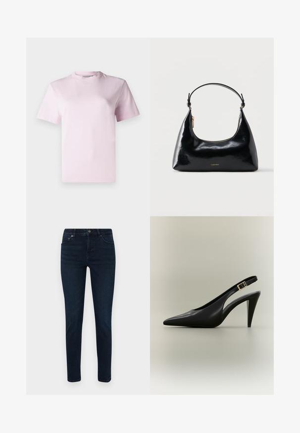 Helles rosa T-Shirt mit kurzen Ärmeln und Rundhalsausschnitt, mit dezentem Calvin Klein Logo, das zentriert unter dem Halsausschnitt auf einem schlichten Hintergrund platziert ist.; Dunkelblaue Jeans mit schmaler Passform, ausgestattet mit einem Fünf-Taschen-Design, Knopfverschluss und dezenten Nähdetails. Glatte Textur über die gesamte Fläche.; Schwarzer spitzer Slingback-Pumps aus Leder mit goldener Schnalle und einem zulaufenden Absatz vor neutralem Hintergrund.; Schwarze, glänzende Calvin Klein Handtasche mit goldfarbenem Reißverschluss und kurzem Trageriemen vor schlichtem weißem Hintergrund.