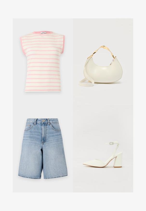 Mouwloos geribd gebreid top met crème en roze strepen en roze bies rond de hals en armsgaten.; Lichtblauwe denim shorts met een hoge taille, wijde pijpen en voorzakken. Voorzien van een bovenste knoop en een ritsluiting. Versleten afwerking.; Witte hakken sandaal met een puntige neus, verstelbaar enkelbandje en een stevige vierkante hak. Gladde textuur met minimale stiksels.; Crèmekleurige handtas in halve maanvorm met glanzend gouden korte handgreep en bijpassende lange draagriem op een effen lichte achtergrond.