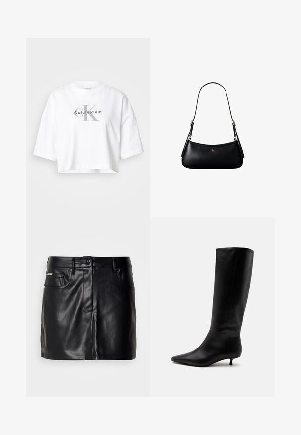 Camiseta blanca recortada con mangas extragrandes que presenta un gran logo "CK" en gris y "Calvin Klein" en negro centrado en la parte delantera.; Falda mini de cuero negro con un diseño a medida, que presenta bolsillos delanteros, un cierre de botón y una textura suave.; Bota alta de cuero negro hasta la rodilla con puntera puntiaguda y tacón bajo tipo kitten sobre un fondo claro y liso.; Mini bolso negro de cuero para hombro con correa delgada y pequeño logo dorado CK en el centro frontal.