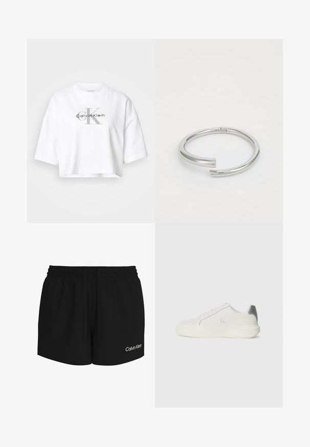 Λευκό κοντομάνικο crop top με υπερμεγέθη μανίκια, που διαθέτει μεγάλο γκρι λογότυπο "CK" και μαύρο λογότυπο "Calvin Klein" στο κέντρο του μπροστινού μέρους.; Μαύρα σορτς με ελαστική μέση και κορδόνι, με λευκό λογότυπο Calvin Klein στο κάτω δεξί πόδι.; Λευκό αθλητικό παπούτσι από δέρμα με ομαλή υφή, με ασημένια λεπτομέρεια στη φτέρνα, επίπεδη σόλα και μινιμαλιστικό σχέδιο.; Calvin Klein SPIRAL - Βραχιόλι - silver-coloured