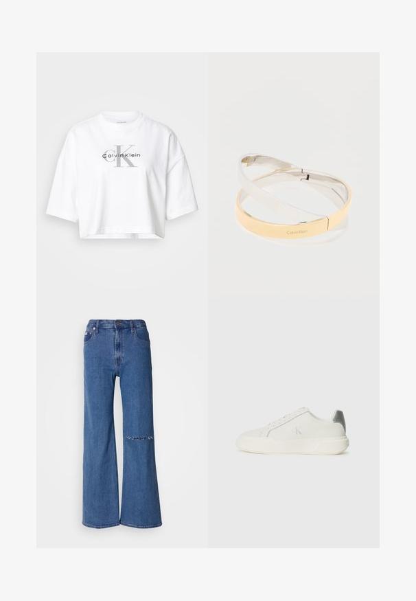 Λευκό κοντομάνικο crop top με υπερμεγέθη μανίκια, που διαθέτει μεγάλο γκρι λογότυπο "CK" και μαύρο λογότυπο "Calvin Klein" στο κέντρο του μπροστινού μέρους.; Φαρδιά τζιν παντελόνια σε μεσαία μπλε τζιν, με ψηλή μέση, μπροστινές τσέπες και λεπτομέρεια με σκισμένο ύφασμα στο αριστερό γόνατο.; Λευκό αθλητικό παπούτσι από δέρμα με ομαλή υφή, με ασημένια λεπτομέρεια στη φτέρνα, επίπεδη σόλα και μινιμαλιστικό σχέδιο.; Συνδεδεμένα γυαλισμένα μεταλλικά βραχιόλια σε ασημένιο και χρυσό τόνο, το ένα σκαλισμένο με το λογότυπο "Calvin Klein", σε λευκό φόντο.