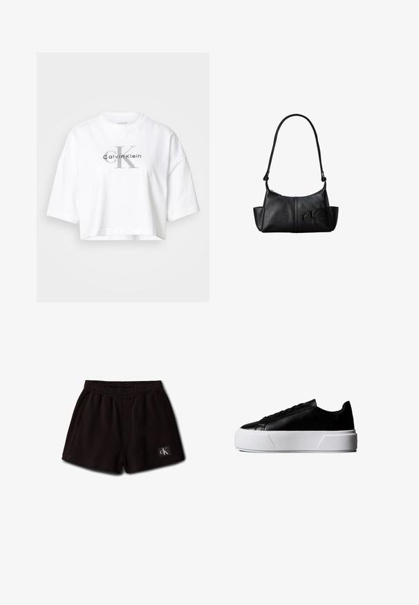 Hvid crop-top med oversize ærmer og stort gråt "CK" samt sort "Calvin Klein" logo centreret på forsiden.; Sorte elastiske korte shorts med sidelommer og et lille Calvin Klein-logo på den forreste nederste venstre side.; Sort lavt snøresko med tyk hvid platformsål og sorte snørebånd, sideprofil mod hvid baggrund.; Sort læder skuldertaske med lang rem, sidelommer og præget Calvin Klein-logo på fronten.