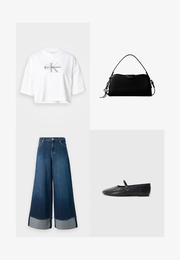 Valkoinen lyhyt T-paita, jossa on ylisuurikokoiset hihat ja keskellä suuri harmaa "CK"- ja musta "Calvin Klein" -logo edessä.; Hulluhousut tummassa pesussa, joissa on haalistunut viimeistely. Ominaisuuksina raaka helma ja vaaleampi farkkukaitale. Mukana etulaukut ja napitus.; Mustat nahkakengät, joissa on kärki terävä, litteä pohja ja pieni hihna, jossa on hopeinen solki.; Musta suorakaiteenmuotoinen Calvin Klein -käsilaukku, jossa on yksittäinen yläkahva, hopeinen logokoru ja pieni läppäkannen suljin edessä.
