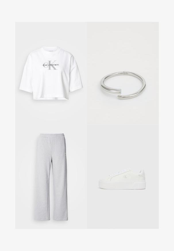 Valge lühendatud t-särk üle suurte varrukatega, mille keskel on suur hall "CK" ja must "Calvin Klein" logo.; Heledad hallhalli pusad, mis omavad laia jala disaini, elastset vööd ning peeneid õmblusdetailе. Valmistatud pehmest ja hingavast kangast.; Valged platvormiketid sileda nahkjalaga, ümmargune varvas, valged paelad ja peen logo detail küljel. Lame kummist tald.; Calvin Klein SPIRAL - Käevõru - silver-coloured