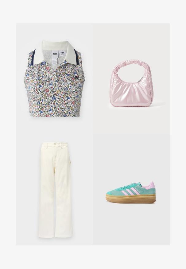 Blomstret cropped bluse med hvid bund og blomster i blå, rød og gul. Inkluderer en hvid krave med marineblå detaljer og et broderet logo.; Good American GOOD 90S CARPENTER - Wide leg - white denim; adidas Originals GAZELLE BOLD - Sneakers - powder teal/bliss lilac/pure teal; Rosa, polstret håndtaske med afrundet design, lavet af skinnende materiale. Har et samlet håndtag og en lynlås til sikker adgang.