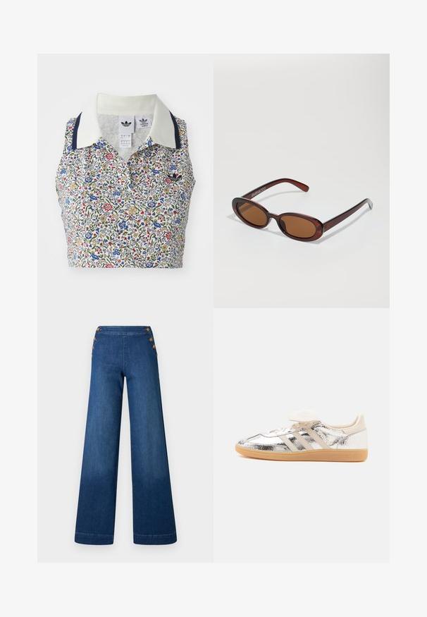 Blomstret cropped bluse med hvid bund og blomster i blå, rød og gul. Inkluderer en hvid krave med marineblå detaljer og et broderet logo.; Denimbukser med vidde i benene i mørkeblå. Har en flad front med fem knapper i gylden tone til lukning. Glat tekstur med en klassisk finish.; Lavtop sneaker med skinnende sølv overdel, beige tre striber, hvide snørebånd og lysebrun gummisål, vist i sidevisning på hvid baggrund.; Runde, bruntonede solbriller med en glansfuld bordeauxramme. Slanke arme med diskret brandingdetalje. Flad linsedesign.