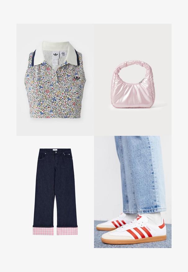 Λουλουδάτο crop top με λευκή βάση και μπλε, κόκκινα και κίτρινα λουλούδια. Περιλαμβάνει λευκό γιακά με ναυτικές λεπτομέρειες και κεντημένο λογότυπο.; Σκουρομπλε τζιν παντελόνια με φαρδιά πόδια, ροζ και λευκές καρό διπλωμένες μανσέτες, εμπρόσθιες τσέπες, κουμπί και ετικέτα "Oh April" στη μέση.; Λευκά δερμάτινα sneakers με κόκκινες ρίγες και λεπτομέρειες. Διαθέτουν υφασμάτινη εξωτερική σόλα από καουτσούκ και ενισχυμένο κολάρο. Φοριούνται με ανοιχτό μπλε τζιν.; Ροζ, επενδεδυμένη τσάντα χειρός με στρογγυλεμένο σχέδιο, κατασκευασμένη από γυαλιστερό υλικό. Διαθέτει μαζεμένη λαβή και κλείσιμο με φερμουάρ για ασφαλή πρόσβαση.