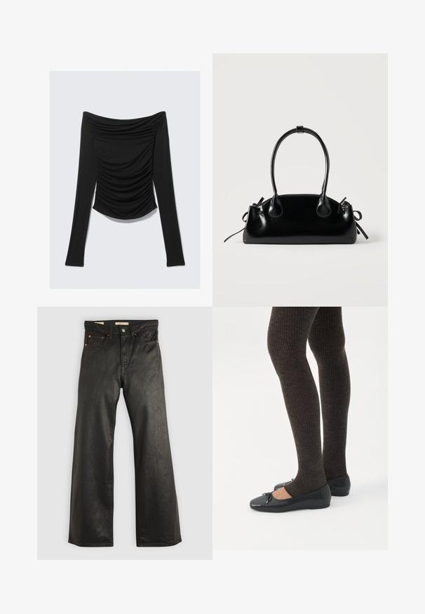 Zwart off-shoulder top met lange mouwen, geplooide details aan de voorkant en een aangesloten silhouet tegen een effen achtergrond.; Zwarte denim wijd-uitlopende broek met een gladde textuur, voorzien van vijf zakken en details met koperen hardware. Klassieke knoopsluiting.; Benen met donkere geribbelde leggings gecombineerd met zwarte ballerina's met kleine strikdetails op een witte achtergrond.; Kleine zwarte glanzende handtas met twee lange hengsels en zijkant trekkoord details op een effen lichte achtergrond.