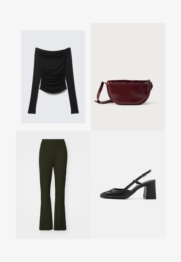 Haut noir à manches longues et épaules dénudées avec des détails froncés à l'avant et une silhouette ajustée sur un fond uni.; Pantalons évasés vert foncé avec une taille élastique. Fabriqués en tissu texturé, ils présentent une coupe décontractée et une longueur complète.; Escarpin en cuir verni noir à talon bloc avec un bout pointu et une bride réglable. Texture lisse et design minimaliste.; Sac à main en cuir marron foncé avec une forme en demi-lune, une fermeture éclair et une bandoulière amovible. Texture lisse avec un léger éclat.