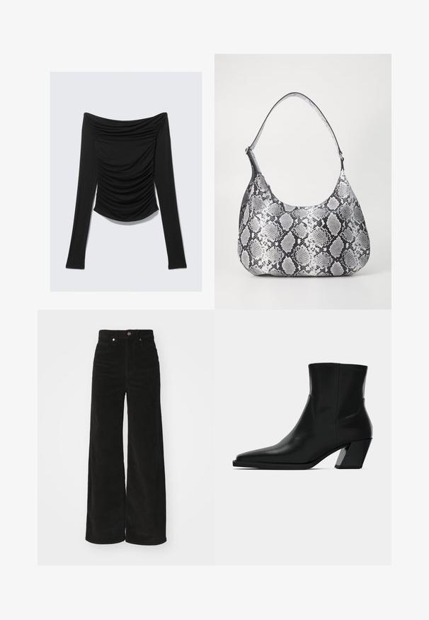 Sort langærmet off-shoulder top med rynkede detaljer foran og en tætsiddende silhuet mod en ensfarvet baggrund.; Sorte kordfløjl bredbenede bukser med høj talje, der har to forlommer og en metalknaplukning. Tekstureret stof med lodrette ribber.; Sortlæder ankelstøvle med spids tå, en slank silhuet og en kraftig firkantet hæl. Glat tekstur med minimale stikninger.; Sort-hvid slangemønster skuldertaske med en rund form, glat tekstur og en buet rem. Har et sølvfarvet hardware-accents.
