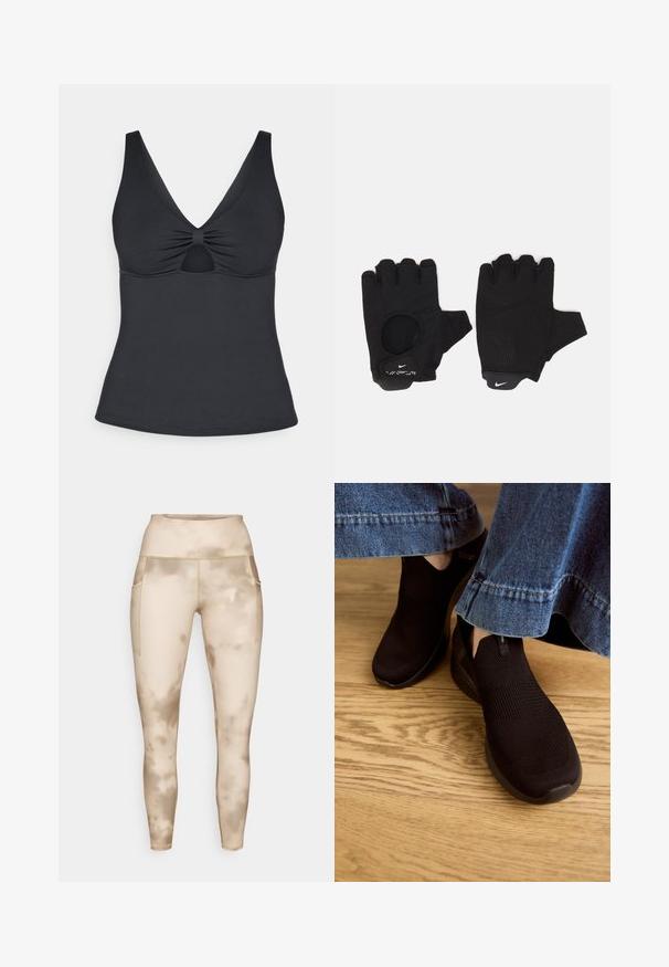 Top negro sin mangas con un profundo escote en V, detalle fruncido en el centro y un corte en forma de llave debajo. Textura suave y diseño ajustado.; Leggings beige con un estampado que recuerda nubes, cintura alta, bolsillos laterales y textura suave, diseñados para comodidad y movilidad durante las actividades.; Zapatos negros sin cordones con parte superior de punto texturizado y abertura elástica. Tienen una forma de puntera redondeada y una suela baja con amortiguación, usados con un dobladillo de mezclilla.; Guantes sin dedos negros con un diseño texturizado. Hechos de un material transpirable, cuentan con un orificio para el pulgar y una palma reforzada para mejorar el agarre.