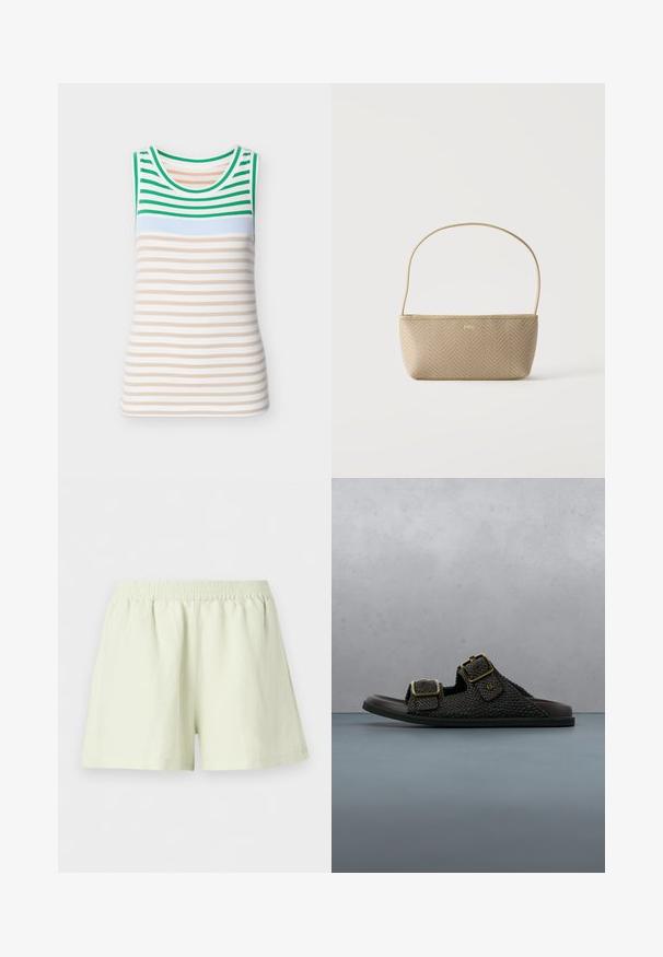 Haut sans manches en maille avec des rayures vertes et blanches en haut, une bande bleu clair, et des rayures horizontales beige et blanches sur le corps.; Shorts à taille élastique beige clair, coupe ample et design uni, présentés sur fond blanc.; Sandale en cuir tressé brun foncé avec deux boucles dorées flottant au-dessus de carreaux en bois en plein air.; Sac à main tissé beige avec fine bandoulière et petit logo doré "BOSS" à l'avant, présenté sur fond blanc uni.