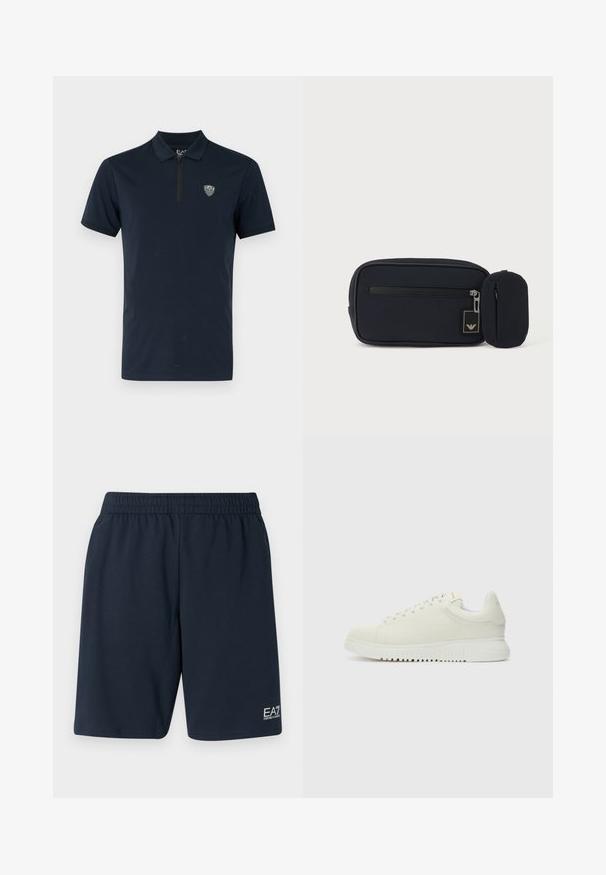 Marineblå polo med korte ærmer, lynlåskrage og et lille, broderet logo på brystet. Glat, letvægtsstof.; Marineblå shorts med elastisk talje lavet af blødt stof, med sidelommer og et lille hvidt EA7-logo på nederste venstre ben.; Hvide lædersneakers med struktureret overdel, rund tå, flad hvid sål og tonede snørebånd. Subtil branding på tungen.; Sort rektangulær pung med frontlynlås og lille tilknyttet rundet pung mod en ensartet lys baggrund.