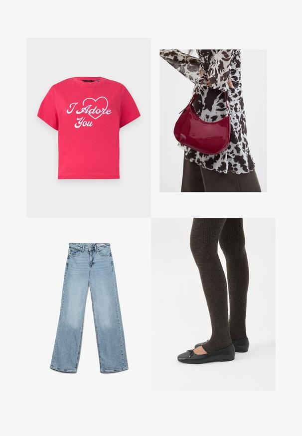 Felroze T-shirt met korte mouwen met witte cursieve tekst "I Adore You" en een omlijnd hart op de borst.; Lichtblauwe jeans met hoge taille en wijde pijpen, met knoop- en ritssluiting, voor- en achterzakken en riemlussen.; Benen met donkere geribbelde leggings gecombineerd met zwarte ballerina's met kleine strikdetails op een witte achtergrond.; Vrouw met een zwart-wit gebloemde blouse houdt een glanzende rode schoudertas vast tegen een effen achtergrond.