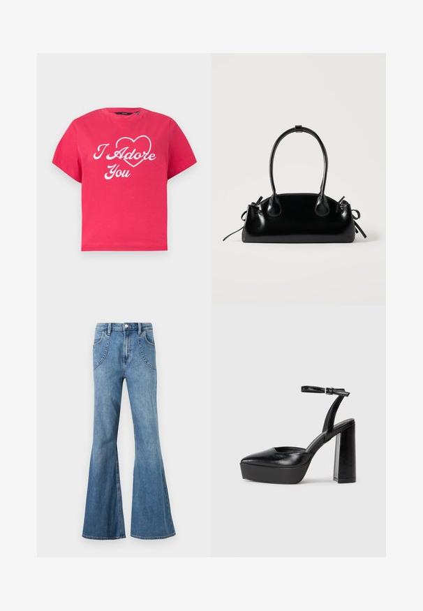 T-shirt rose vif à manches courtes avec texte en cursive blanche "I Adore You" et un cœur contouré sur la poitrine.; Jean en denim bleu clair taille haute avec jambes larges évasées et poches avant incurvées, présenté sur un fond blanc.; Escarpins noirs à plateforme avec un bout pointu et une sangle réglable à la cheville. Conçus en cuir lisse, avec un large talon bloc.; Petit sac à main noir brillant avec deux longues anses et des détails à cordon sur les côtés sur un fond clair uni.