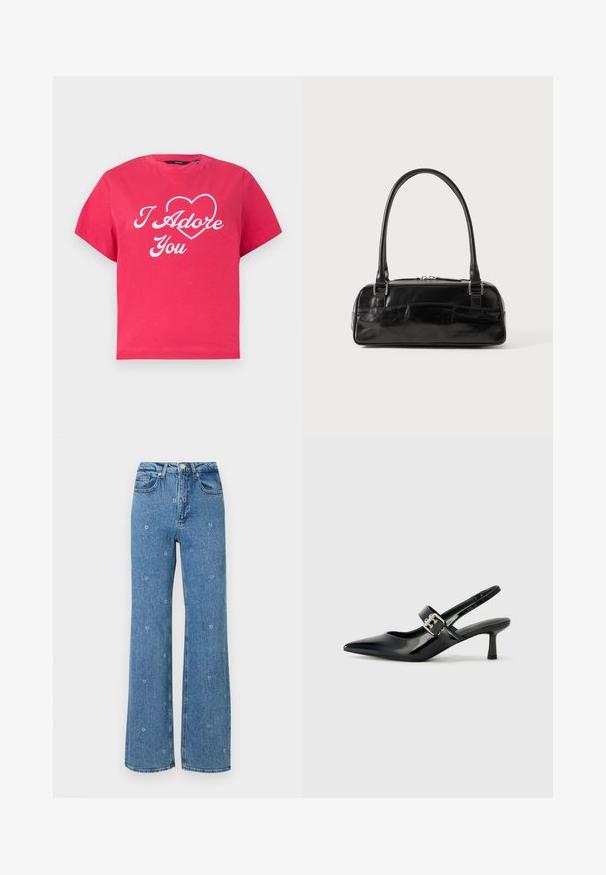 T-shirt rose vif à manches courtes avec texte en cursive blanche "I Adore You" et un cœur contouré sur la poitrine.; Jeans bleu taille haute à jambes droites avec de petites broderies florales blanches éparpillées sur le tissu.; Escarpins slingback en cuir verni noir avec un bout pointu et un petit talon bloc, mettant en avant un accent en boucle argentée sur la sangle.; Sac à main en cuir noir de forme rectangulaire, doté d'une seule ansse structurée, de quincaillerie argentée et d'une fermeture éclair. Texture lisse.
